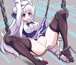 1girls anus arms_up azur_lane bangs beads beret blush bondage bound bound_wrists bow bowtie braid braided_bun breasts brooch buttons chains choker cleavage collarbone cygnet_(azur_lane) cygnet_(retrofit)_(azur_lane) dildo double_bun dress_shirt eyebrows_visible_through_hair female female_only garter_belt hair_beads hair_ornament hair_ribbon hat high_heels highres hook jewelry kanabuso knees_up large_breasts lavender_hair light-skinned_female light_skin long_hair long_sleeves lying nervous no_panties open_mouth pendant plaid plaid_skirt purple_bow purple_eyes purple_footwear purple_ribbon purple_skirt pussy retrofit_(azur_lane) ribbon royal_navy_(azur_lane) sex_machine shirt skirt skirt_lift solo spread_legs sweat taut_clothes taut_shirt thighhighs unfinished_background very_long_hair white_hair winged_footwear