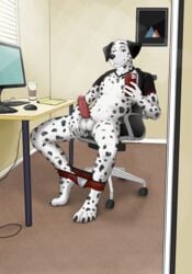 absurd_res alpha_(disambiguation) anthro balls canid canine canis clothing dalmatian domestic_dog english_text erection genitals hi_res male male_only mammal office penis phone presenting sitting solo spots spread_legs spreading text torrofuz underwear underwear_down