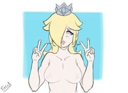 1girls ahe_gao big_breasts blonde_hair blue_background breasts crown double_v female female_only fixelboy looking_at_viewer mario_(series) nintendo nipples nude peace_sign pink_lipstick princess_rosalina simple_background solo solo_female super_mario_galaxy thick_lips v white_border