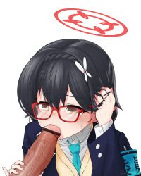 1boy absurdres abydos_high_school_student ayane_(blue_archive) bar_censor black_hair blue_archive blue_necktie blush brown_eyes censored collared_shirt english_commentary erection fellatio female foreclosure_task_force_(blue_archive) glasses hair_ornament halo hand_in_own_hair hand_up highres jacket kenatosne long_hair long_sleeves necktie open_mouth oral penis penis_grab pointless_censoring pointy_ears red-framed_eyewear saliva school_uniform shirt short_hair simple_background solo_focus straight sweat upper_body white_background white_shirt