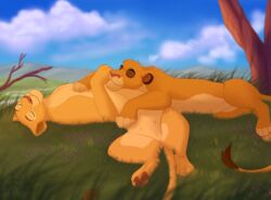 closed_eyes cuddling disney duo felid female female/female feral genitals grass hi_res lion lying lynxbrush mammal multi_nipple nala nipples on_back outside pantherine pawpads paws pussy sleeping smile the_lion_king vitani yuri