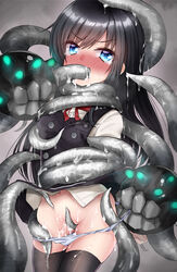 2others arms_behind_back asashio_(kantai_collection) bangs black_hair black_legwear blue_eyes blush breasts cowboy_shot cum cum_in_mouth cum_on_body cum_on_clothes cum_on_hair cum_on_lower_body cum_on_upper_body dress dress_lift enemy_naval_mine_(kantai_collection) eyebrows_visible_through_hair female groin kantai_collection long_hair long_sleeves looking_at_viewer multiple_others neck_ribbon open_mouth panties panty_pull pinafore_dress red_ribbon remodel_(kantai_collection) restrained ribbon sasakura_(calicchio) shinkaisei-kan shirt simple_background small_breasts steam suggestive_fluid tearing_up tentacle tentacles_under_clothes thighhighs underwear wet white_shirt