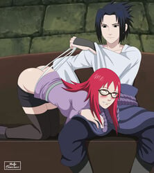 1boy 1girls ass bent_over black_eyes black_hair blush clothed clothing drooling eyes_rolling_back female femsub glasses long_hair male master_chimichurri naruto naruto_shippuden panties panties_pull red_eyes red_hair sasuke_uchiha shorts_down sitting straight thighhighs uzumaki_karin wedgie