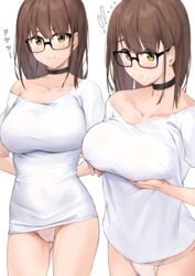 !! 1girls 2020 anti_(0324) blush breast_hold breasts brown_hair choker collarbone earrings eyebrows_visible_through_hair female female_only glasses highres japanese_text jewelry large_breasts long_hair looking_at_viewer looking_down mole mole_under_mouth no_pants original panties shirt short_hair simple_background smile solo text thighs thong underwear white_background white_panties