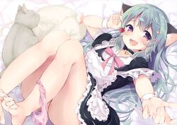 animal animal_ears barefoot bell catgirl cherry choker cum dress feline food fruit maid momo_irone nopan original panties panties_around_leg underwear