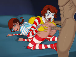 2girls anus ass barbara_gordon breasts clown cosplay dark-skinned_male dc dc_comics dcau doggy_style female female_focus ffm_threesome harley_quinn justice_league justice_league_unlimited male penis ronald_mcdonald_(cosplay) sex something_unlimited sunsetriders7 threesome vaginal_penetration wendy_thomas_(cosplay)