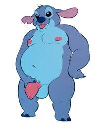 alien anthro balls belly black_eyes blep blue_body blue_claws blue_fur blue_nose claws disney experiment_(lilo_and_stitch) flaccid fur genitals head_tuft hi_res himbo_stitch lilo_and_stitch male male_only moobs nipples overweight overweight_anthro overweight_male penis salkitten simple_background solo standing stitch tongue tongue_out tuft white_background