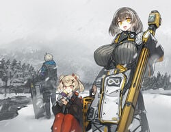 2girls arknights blonde_hair dark_hair earrings eating gummy_(arknights) hair_bun hairclip huge_breasts looking_at_viewer magallan_(arknights) melon22 noir_corne_(arknights) open_mouth orange_eyes short_hair snow streaked_hair sweater yellow_eyes