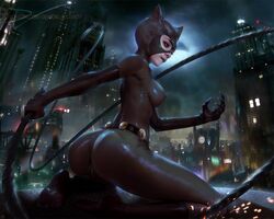 1girls ass batman_(series) belt bodysuit cat_ears catwoman city cityscape dc dc_comics demonlorddante female_only kneeling latex latex_bodysuit latex_suit lips long_fingernails long_gloves nipples nipples_visible_through_clothing no_shoes on_roof parted_lips pussy pussy_visible_through_clothes roof see-through see-through_clothing skin_tight skintight solo solo_female sparks straight_hair teeth teeth_clenched teeth_showing whip