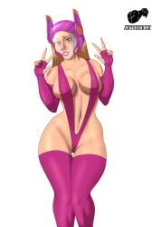 big_hero_6 blonde_hair disney gloves green_eyes heart-shaped_pupils helmet herak honey_lemon huge_ass looking_at_viewer marvel marvel_comics sling_bikini small_breasts solo solo_female thick_thighs thighhighs wide_hips