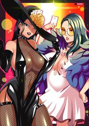 2girls atlus big_breasts black_dress black_hair black_lipstick blue_eyes clothes_swap clothing_swap cosplay crossover dress elbow_gloves eyeshadow feather_boa female female_only fishnet_dress fishnet_stockings garter_straps glasses gloves grey_hair latex latex_gloves lipstick long_hair makeup mature_female megami_tensei multiple_girls nico_robin nico_robin_(cosplay) nipples one_piece one_piece_film_gold orange-tinted_eyewear persona persona_5 playing_card sae_niijima sae_niijima_(cosplay) shadow_sae spiked_collar spiked_thighlet stevechopz sunglasses tinted_eyewear wearing_others_clothes white_dress