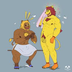 1:1 animal_crossing anthro anthrofied balls blonde_hair body_hair bud_(animal_crossing) chest_hair clothing duo eyewear felid flaccid flirting footwear genitals hair hi_res koruro lion male male/male male_focus male_only mammal mane mane_hair mott_(animal_crossing) muscular muscular_male nintendo pantherine penis pubes sandals sunglasses towel video_games