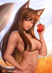 1girls apple big_breasts felox08 female holo kemonomimi large_breasts lipstick outside pose realistic spice_and_wolf wolf_ears