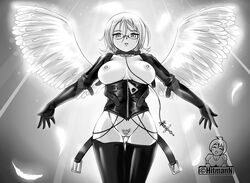 angel angel_wings collar corset female female_focus female_only female_pubic_hair glasses hitmann latex latex_gloves monochrome