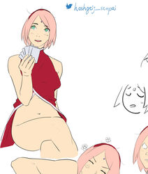 1girls blush boruto:_naruto_next_generations card crossed_legs female green_eyes half-dressed hashgrij_senpai legs looking_away naruto nervous pink_hair sakura_haruno smile solo sweatdrop