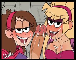 1boy 2girls after_fellatio black_border cleavage cum_in_mouth cum_on_breasts cum_on_face dipper_pines disney disney_channel female ffm_threesome gravity_falls incest lioxdz mabel_pines male multiple_girls pacifica_northwest penis straight_hair twincest