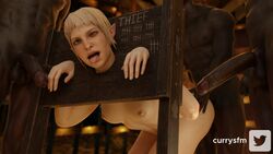 1girls 3boys 3d ahe_gao ahegao big_penis bioware blonde_hair bondage cross-eyed currysfm dark-skinned_male dark_skin doggystyle dragon_age dragon_age_inquisition elf elf_ears female from_behind interracial interspecies large_penis male orientation_play penis pillory pointy_ears sera_(dragon_age) source_filmmaker