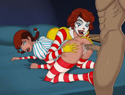 2girls barbara_gordon breasts clown cosplay cum_in_pussy cum_inside dc dc_comics dcau faceless_male female female_focus ffm_threesome harley_quinn mcdonald's multiple_girls penis pussy ronald_mcdonald_(cosplay) sex something_unlimited sunsetriders7 threesome vaginal_penetration wendy's wendy_thomas_(cosplay)