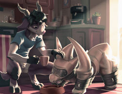 2boys anthro anthrofied arms_tied bound bovid bowl caprine clothing duo food_bowl furry gay goat hi_res kitchen legs_tied lewdango male mammal nintendo original_character petplay pokémon_(species) pokemon pokemon_rgby roleplay rubber rubber_suit scyther sensory_deprivation testicles video_games yaoi