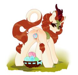 1girls absurd_res anthro anus asian_mythology autumn_blaze_(mlp) basket chinese_mythology east_asian_mythology egg egg_laying female female_only furry genitals hi_res kirin my_little_pony mythology pussy solo zlatavector