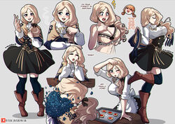 2girls annette_fantine_dominic blonde_hair breasts cleavage english_text female female_only fire_emblem fire_emblem:_three_houses garreg_mach_monastery_uniform high_heel_boots kinkymation large_breasts long_hair mercedes_von_martritz multiple_girls nintendo reference_sheet source_request text thighhighs