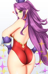 1girls angela angela_(seiken_densetsu_3) angela_(trials_of_mana) ass bare_shoulders blush breasts come_hither female female_only from_behind gloves green_eyes hat heart highres jewelry large_breasts leotard long_hair looking_at_viewer looking_back pointy_ears purple_gloves purple_hair seiken_densetsu seiken_densetsu_3 shiny shiny_hair shiny_skin sideboob simple_background smile solo somegu trials_of_mana very_long_hair