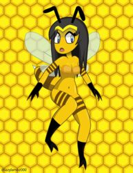 antennae anthro bee dark_hair honeycomb_background stinger wings yellow_skin