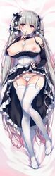 1girls absurdres azur_lane bangs bare_shoulders bed_sheet black_nails blush bow bow_panties breasts collarbone dakimakura dress eyebrows_visible_through_hair female female_only fingernails formidable_(azur_lane) frills full_body garter_straps hairbow highres huge_filesize large_breasts lifted_by_self long_hair looking_at_viewer lying nail_polish nipples on_back panties parted_lips purple_eyes scan shiny shiny_hair shiny_skin silver_hair skirt_hold solo thighhighs tied_hair tomose_shunsaku twintails underwear white_legwear white_panties