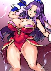 angela angela_(seiken_densetsu_3) angela_(trials_of_mana) breasts cameltoe cleavage green_eyes highres huge_breasts large_breasts naughty_face pokkora purple_hair seductive seductive_smile seiken_densetsu seiken_densetsu_3 smile staff thick_thighs thighs trials_of_mana