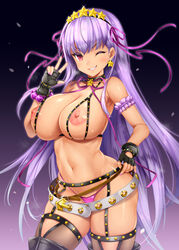 1girls bb_(fate) bb_(swimsuit_mooncancer) bikini black_legwear breasts earrings fate/grand_order fate_(series) female female_only hair_ornament highres jewelry large_breasts long_hair looking_at_viewer nipples non-web_source one_eye_closed oni-noboru purple_bikini purple_eyes purple_hair shiny shiny_hair shiny_skin solo star star_earrings star_hair_ornament swimsuit tan thighhighs tongue tongue_out very_long_hair