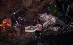 animal_genitalia areolae armor black_sclera extreme_size_difference hime_cut huge_breasts huge_cock mask monster monster_hunter_world nipples outdoors rathalos screencap size_difference tattoo thick_thighs zoophilia