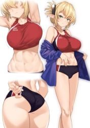 1girls 5_fingers abs adjusting_panties adjusting_shorts anthro arms_up ass big_breasts blonde_hair bouncing_breasts bra breasts female female_only green_eyes iris_(takunomi) light-skinned_female light_skin long_ears looking_at_viewer open_eyes panties purple_jacket red_bra red_sports_bra skinny_legs solo solo_female solo_focus sports_bra sports_shorts straight_face takunomi yellow_hair