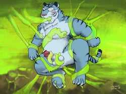 2011 anthro balls belly blue_body blue_fur blush erection felid fur genitals humanoid_genitalia humanoid_hands humanoid_penis kemono male male_only mammal overweight overweight_male pantherine penis solo tentacle tiger v2wolf