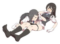 1futa 1girls bangs bike_shorts black_hair black_legwear black_panties blue_neckwear blur_censor blush breasts censored closed_eyes fellatio female futa_with_female futanari futasub gloves grey_hair hair_ornament hairclip kantai_collection kneehighs kuroshio_(kantai_collection) long_hair neck_ribbon no_shoes oral oyashio_(kantai_collection) panties panty_pull pleated_skirt pubic_hair ribbon school_uniform shirt short_hair short_sleeves shorts shorts_under_skirt simple_background skirt small_breasts takemura_sesshuu underwear vest white_background white_gloves white_hair white_shirt yellow_eyes