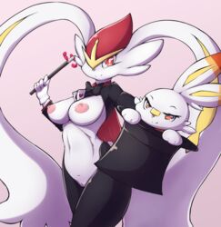 1girls abs absurd_res ambiguous_gender anthro anthrofied ass ayzcube big_ears breasts bunny cinderace clothing duo eye_contact female furry gigantamax_cinderace gigantamax_pokémon half-closed_eyes hat headgear headwear hi_res hyper hyper_ears larger_female legwear long_ears looking_at_viewer navel nintendo nipples pokémon_(species) pokemon pokemon_ss pussy reverse_bunnysuit scorbunny size_difference smile thick_thighs video_games wide_hips