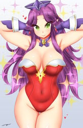 angela angela_(seiken_densetsu_3) angela_(trials_of_mana) armpits breasts curvy female green_eyes highres large_breasts looking_at_viewer purple_hair seiken_densetsu seiken_densetsu_3 simple_background tagme thick_thighs thigh_gap trials_of_mana