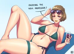 bikini breasts cleavage female female_focus fire_emblem fire_emblem:_three_houses green_bikini manuela_casagranda mole mole_under_eye nintendo rizdraws side-tie_bikini source_request sunglasses sunglasses_on_head swimsuit wine_glass year_request