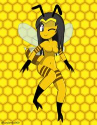 1girls antennae anthro bee blue_eyes breasts dark_hair female female_only honeycomb_background solo stinger wings wink yellow_skin