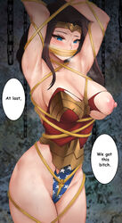 1girls areolae armpits arms_up big_breasts black_hair blue_eyes blush bondage breasts brown_hair captured dark_hair dc_comics defeated demi_god diana_prince dirt english_text female female_only gag goddess large_breasts lasso_of_truth lim(artist) long_hair mature_female nipples pink_nipples restrained solo solo_female solo_focus speech_bubble standing sweat text thick_thighs tied_up wonder_woman wonder_woman_(series)