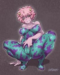 artsheops big_breasts black_eyes black_sclera hero_outfit_(mha) mina_ashido my_hero_academia pink_hair pink_skin suit