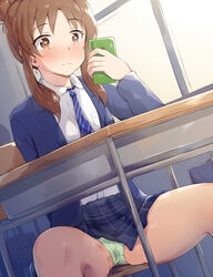 1girls arm_behind_back bag bangs blue_jacket blue_neckwear blue_skirt blush brown_eyes brown_hair cellphone chair classroom closed_mouth clothing commentary_request day desk dutch_angle eyebrows_visible_through_hair female female_only fingering green_panties hair_bun hand_under_clothes hand_up highres holding idolmaster idolmaster_cinderella_girls indoors jacket legs_apart long_sleeves masturbation miniskirt necktie nose_blush panties phone plaid plaid_skirt pleated_skirt public pussy_juice school_desk school_uniform seneto shiny shiny_hair shiny_skin shirt short_hair sidelocks sitting skirt solo spread_legs stealth_masturbation striped striped_neckwear takamori_aiko tied_hair underwear upskirt vaginal_masturbation vaginal_penetration wavy_mouth wet wet_clothes wet_panties white_shirt window