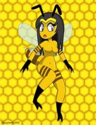 1girls antennae anthro bee blue_eyes breasts dark_hair female female_only honeycomb_background solo stinger wings yellow_skin