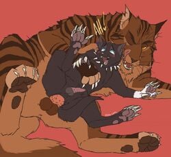 <3_eyes 4_toes amber_eyes anatomically_correct anatomically_correct_genitalia anatomically_correct_penis atta_catto balls big_dom_small_sub black_body black_fur blue_eyes blush bodily_fluids brown_balls brown_body brown_fur brown_nose brown_pawpads claws collar countershading domestic_cat duo felid feline felis feral fur genitals grey_balls heart inner_ear_fluff licking looking_aside looking_up male male/male mammal one_eye_closed pawpads penile_spines penis pink_pawpads pink_penis purple_collar raised_leg red_background scourge_(warriors) simple_background size_difference stomach_bulge striped_body striped_fur stripes tabby_cat tears teeth text tigerstar_(warriors) toes tongue tongue_out tuft warriors_(cats) whiskers white_paw