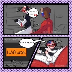 2boys anal anal_insertion anal_sex black_shirt blush countryhumans cowboy_position crotch_view erection game_controller gay grinning headphones male male_only moaning muscular naked no_eyes nude playing_videogame reverse_cowgirl_position russia_(countryhumans) united_states_of_america_(countryhumans) yaoi