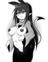 1girls big_breasts black_hair black_sclera breasts demon_girl female female_only iryanic looking_at_viewer monochrome original_character pointy_ears pussy succubus tail white_background white_eyes