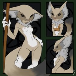 1:1 1girls 2019 4_fingers anthro beady_eyes big_ears breasts clothed clothing female female_only fenerox fingers fluffy fluffy_ears fluffy_tail fur genitals grey_body grey_fur multiple_poses neck_tuft nipples nude pose pussy pyriax solo starbound tan_body tan_fur tuft video_games white_body white_fur