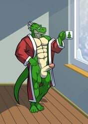 anthro balls bathrobe christmas christmas_tree claws clothing cup dilgearwolfang dragon dress erection genitals grizard hi_res holidays horn inside kodiak079 male male_only muscular penis red_clothing red_dress red_eyes robe scalie snow solo tree western_dragon window