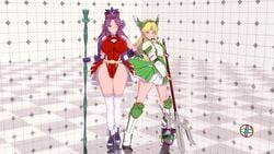 2girls 3d alternate_costume angela angela_(seiken_densetsu_3) angela_(trials_of_mana) breasts green_eyes highleg highleg_leotard highres hips huge_breasts huge_hips huge_thighs large_breasts leotard multiple_girls polearm purple_hair riesz seiken_densetsu seiken_densetsu_3 spear staff tagme thick_thighs thighs trials_of_mana trident weapon wide_hips