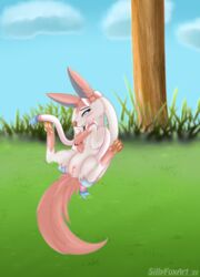 1girls anus bedroom_eyes blush eeveelution fur furry furry_only grass inviting landscape lying pawpads paws pokemon pokemon_(species) pokemon_xy pussy pussy_juice sillyfoxart smug sylveon tail text watermark wet zoophilia