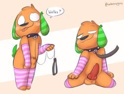 animal_crossing animal_genitalia animal_penis anthro armwear biskit_(animal_crossing) black_nose blush canid canine canis clothed clothing collar crossdressing domestic_dog erection fur genitals girly green_body green_fur half-closed_eyes kneeling knot leash legwear male mammal narrowed_eyes nintendo orange_body orange_fur penis penis_tip petplay roleplay simple_background small_tail smile smirk spread_legs spreading tongue tongue_out unboxyguy video_games white_eyes